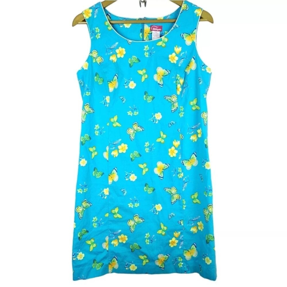 Vintage Pappagallo bright blue shift dress vibrant floral summer butterfly Sz 12
